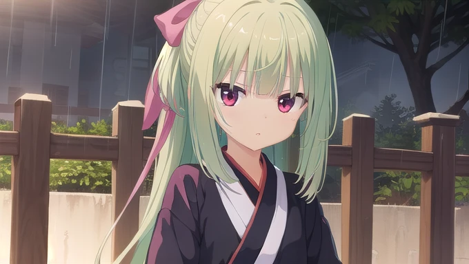 ((masterpiece)),(best quality),Official Art,Extremely detailed CG,Unity 8k Wallpaper,Super detailed,Beautiful and delicate eyes,Extremely detailed face,1 girl,solitary,,(whole body:1.5),(small:1.3),,,Murasame,Very long hair,Green Hair,Face Up,Purple bow,hairpin,Side chains,Bangs,Red Eyes,Neck strap,Red belt,Elegant and beautiful,Long sleeves hanfu,Wearing Hanfu,Gentle as a poem,Long Ponytail,It rained all night,My love overflows like rain。
Yard fallen leaves,And my thoughts are thick