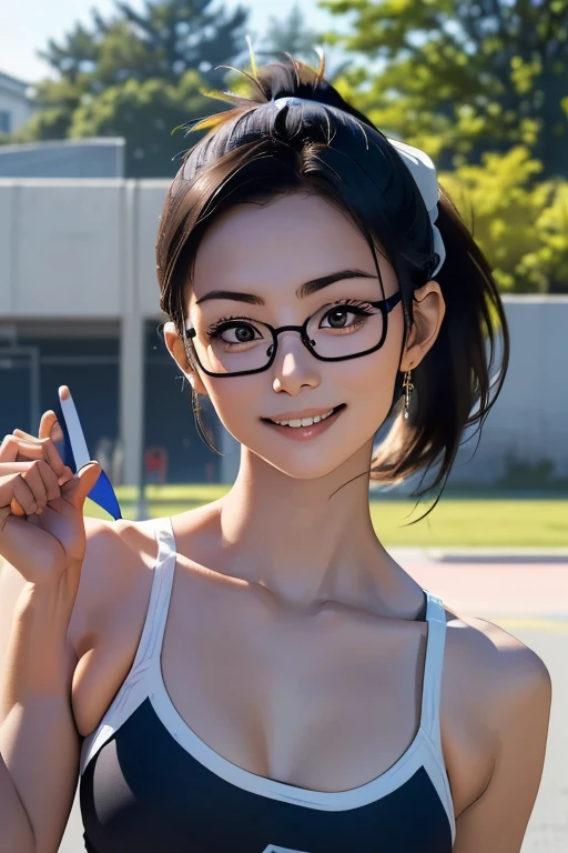 sports meetingの日、sports meeting、gallery、Students cheering、女子100 m競走、((highest quality:1.4、8k、32k、Hmph:1.3))、(An unparalleled masterpiece)、((Raw photo、realism:1.6))、Japanese girl、Outdoor,playground,Schoolyard,Schoolyard,(physical education:1.3),(Per class:1.3)Girl smiling at the camera、Dynamic Pose、(sports meetingの日、100 m走、running)、Dynamic Angle、School gym clothes、Bloomers、(Huge boobs:0.5、thin abdomen、The lower body is thin)、Ulzzang-6500-v1.1、 Girls、Ultra detailed face、Detailed eyes、Round face、Baby Faed Iris、double eyelid、(((Glasses、Long black hair、High up ponytail)))、Photon Mapping、Detailed skin texture、100 m,head to feet:1.5,