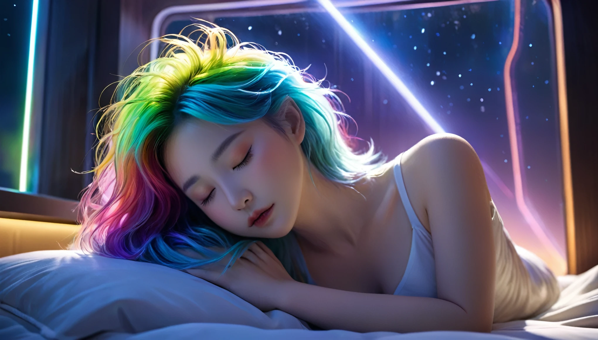 (best quality,8k,ultra-detailed:1.2),(CG,CG art,3D rendering),(masterpiece:1.2),（Crawling on the table），（Sexy clothing），(movie lighting,futuristic),(woman lying in bed,sleeping,closed eyes),(large window behind her,tranquil night),(colorful hair:1.5)
