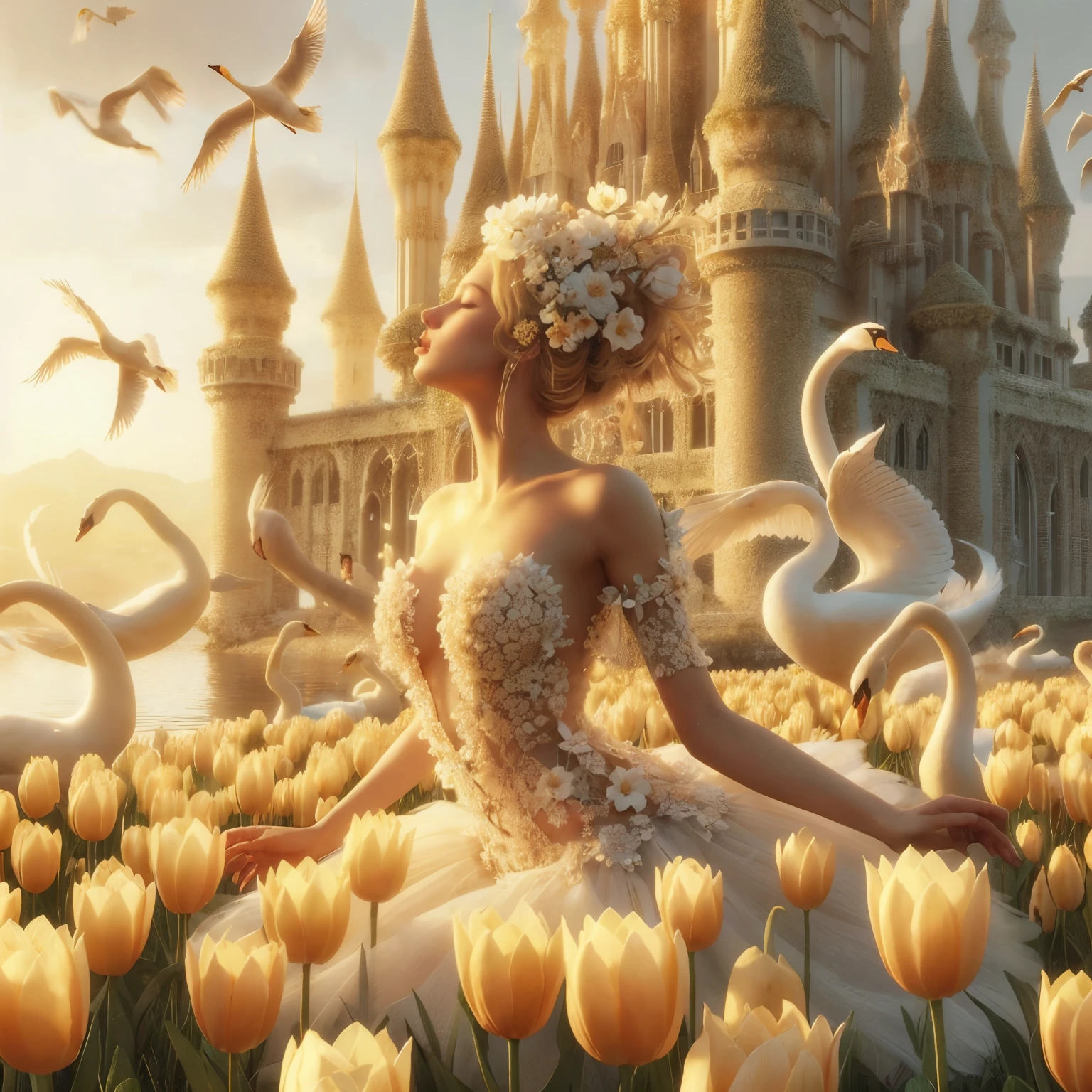 
Flowers like castles from a golden spring tower over a beautiful Lady fare, in the spring of eternal sun she bathes her alabaster form to a symphony of trumpeter swans the flay in the sunbeam shy of assure and cotton cloud A extreme 90 meters long shot octane render, high quality hyperdetailed 24k photorealistic, DEHAZE,