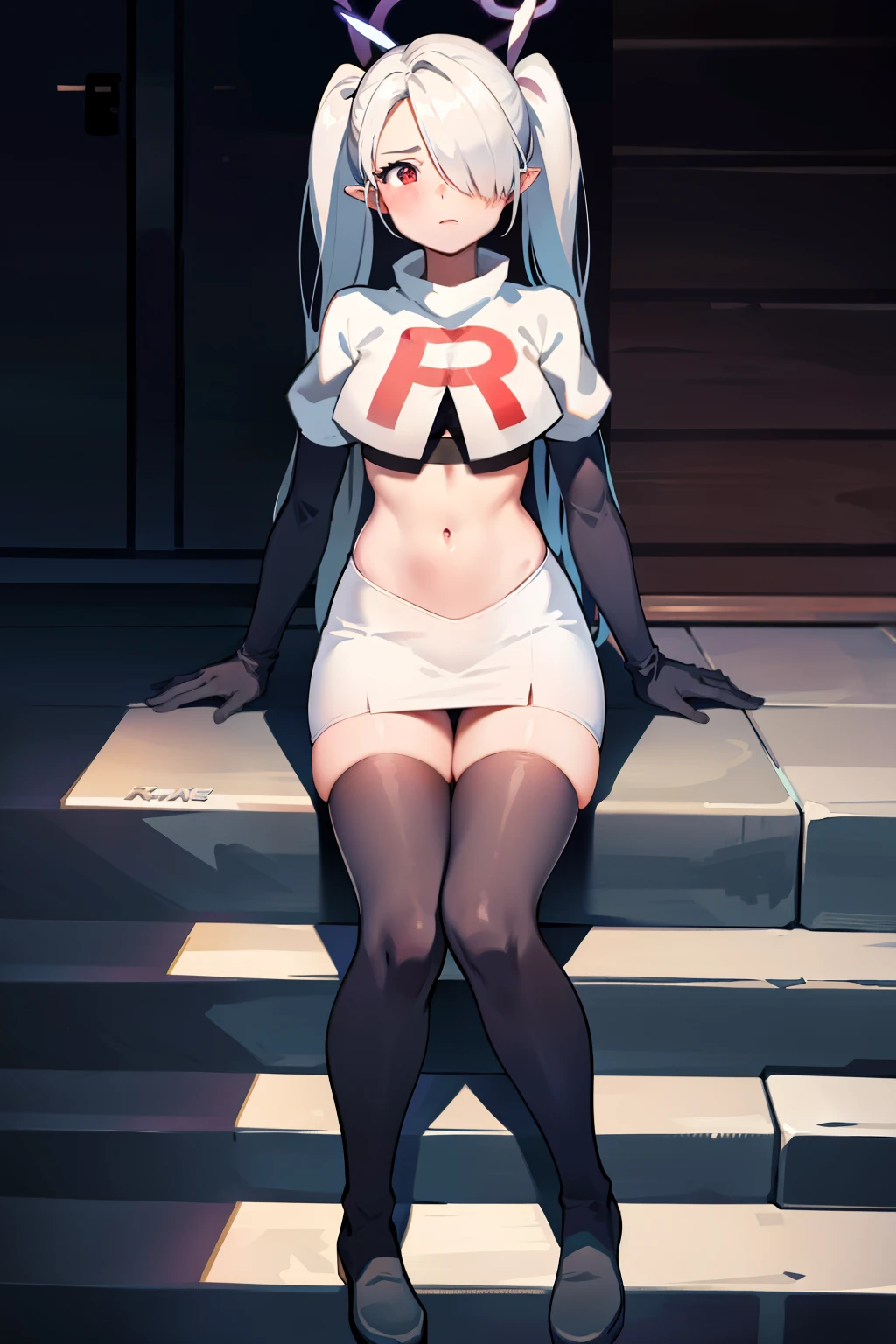 (masterpiece), 1girl, hair over one eye,magical world, shiny steps, beautiful sky, stars, jupiter, ioridef, team rocket,team rocket uniform,white skirt,red letter R,crop top,black thigh-highs,black elbow gloves