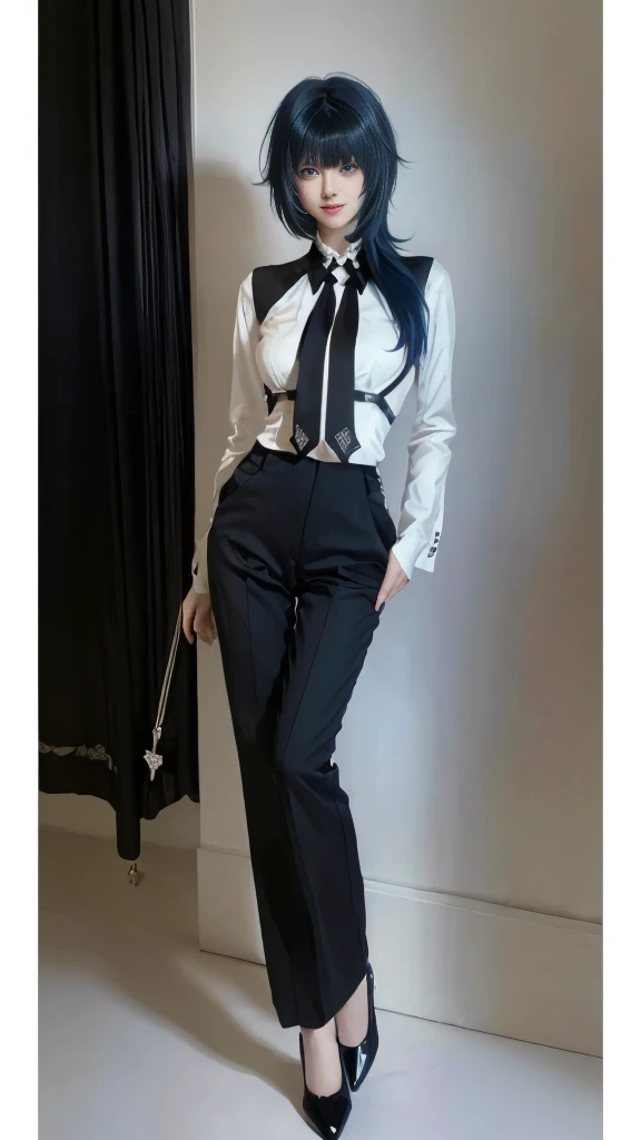 8K, Top Quality, Intricate Details, Ultra Detail, Ultra High Resolution, Masterpiece, random angle,  Slender, Smile, (Makeup: 0.4), (Fluffy Blue Eyes: 1.21), blue Eyes, looking at viewer, (1girl), solo, ((full body)), close up shot, (((fit body))), (((slim face))), sharp face, sharp eyes, ((( black and blue hair, short hair, bangs )) , (detailed face), sharp face, small lips,  ((black formal trouser)), ((white formal wear wtih black tie)),  detailed face , Beautiful Japanese girl, Big, Perfect Body, (( moonlight)), office, ((confident standing))
