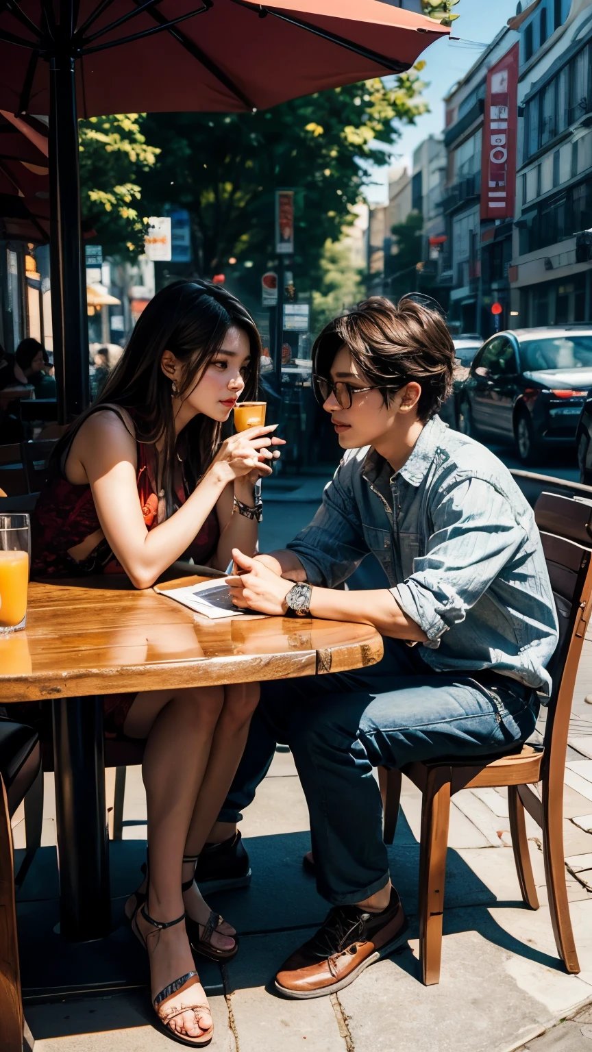 best quality, masterpiece, 8K, HD, gorgeous korean couple sitting in outdoor cafe, across each other, wearing casual clothes, the woman is texting on her phone, the man looks directly at her, they are flirting with each other, angel cosplayer in the background, a cup of coffee, a glass of orange juice, vibrant colors, side view, zoomed out, full body, fill frame, intricate details, perfection