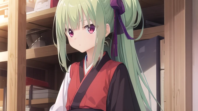 ((masterpiece)),(best quality),Official Art,Extremely detailed CG,Unity 8k Wallpaper,Super detailed,Beautiful and delicate eyes,Extremely detailed face,1 girl,solitary,,(whole body:1.5),(small:1.3),,,Murasame,Very long hair,Green Hair,Face Up,Purple bow,hairpin,Side chains,Bangs,Red Eyes,Neck strap,Red belt,Elegant and beautiful，Long sleeves hanfu，Wearing Hanfu，Gentle as a poem，Long Ponytail，What a love word，It's not right to put pen to paper，
And I am alone，Your lifelong understanding