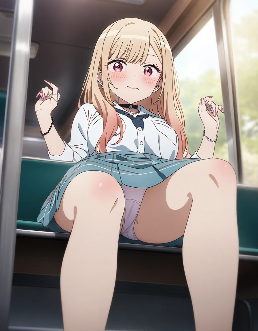 masterpiece, best quality, very aesthetic, absurdres, 1girl, Kitagawa marin, sono bisque doll wa koi wo suru,sitting on seat, in train, spread apart, panties, blush, from below, anime artwork, key visual, highly detailed, looking at viewer, full body