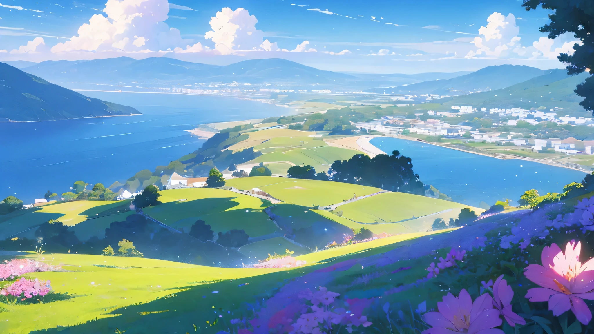 illustration of a beach with flowers and a cliff in the background, beautiful wallpaper, flowers sea everywhere, ross tran. scenic background, beach landscape, beautiful art uhd 4 k, anime beautiful peace scene, beautiful beach, beautiful anime scenery, scenery artwork, beautiful anime scene, amazing wallpaper, magnificent background, rhads and thomas kinkade, scenery wallpaper, beautiful scenery small city