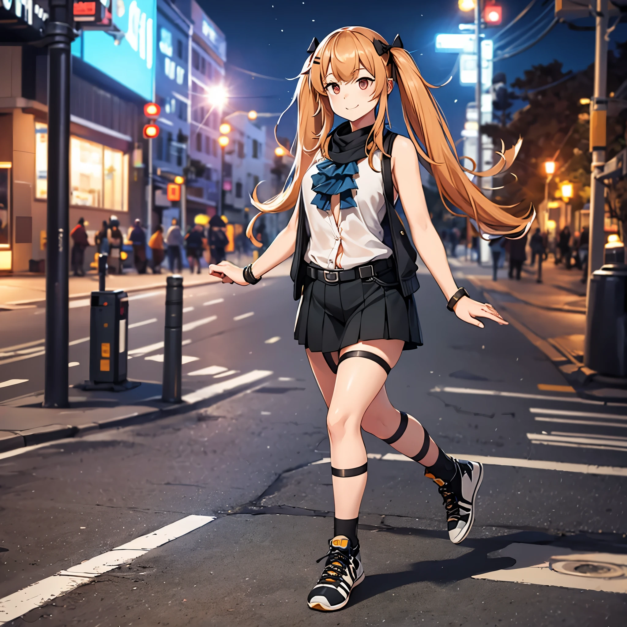 A woman wearing a casual white shirt, wearing cargo shorts, gray bracelet on her arm, light orange eyes, light orange hair, pigtails, wearing casual sneakers, walking on a sidewalk in a city at night, a bright place, smiling. full body (azur lane_yorktown). shadow, flower, UHD, masterpiece, accurate, anatomically correct, textured skin, super detail, high quality, best quality, 8k, high resolution, bokeh effect. (solo woman)

