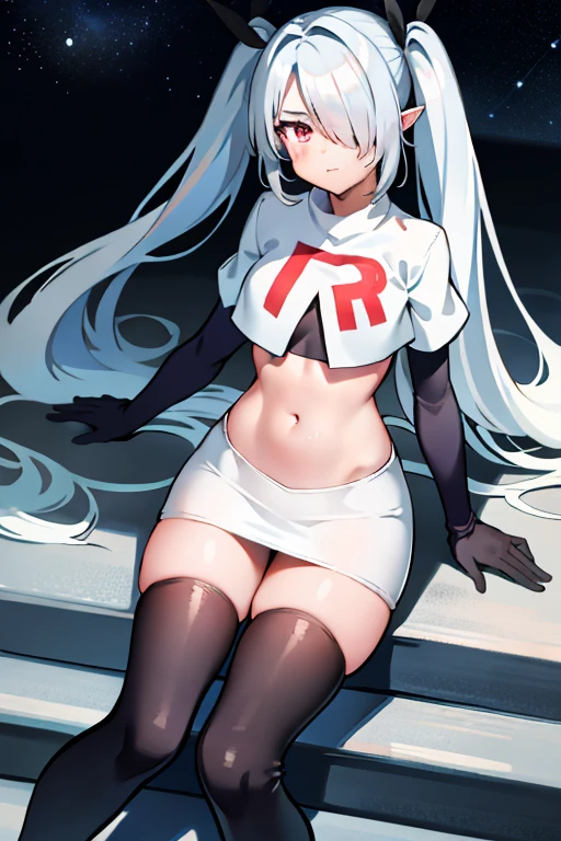 (masterpiece), 1girl, hair over one eye,magical world, shiny steps, beautiful sky, stars, jupiter, ioridef, team rocket,team rocket uniform,white skirt,red letter R,crop top,black thigh-highs,black elbow gloves