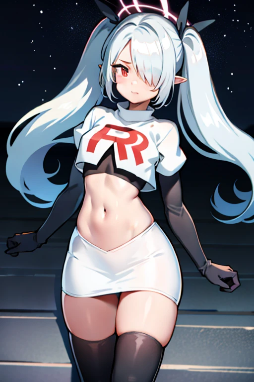 (masterpiece), 1girl, hair over one eye,magical world, shiny steps, beautiful sky, stars, jupiter, ioridef, team rocket,team rocket uniform,white skirt,red letter R,crop top,black thigh-highs,black elbow gloves