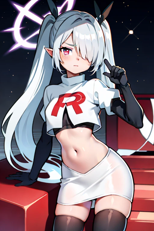 (masterpiece), 1girl, hair over one eye,magical world, shiny steps, beautiful sky, stars, jupiter, ioridef, team rocket,team rocket uniform,white skirt,red letter R,crop top,black thigh-highs,black elbow gloves