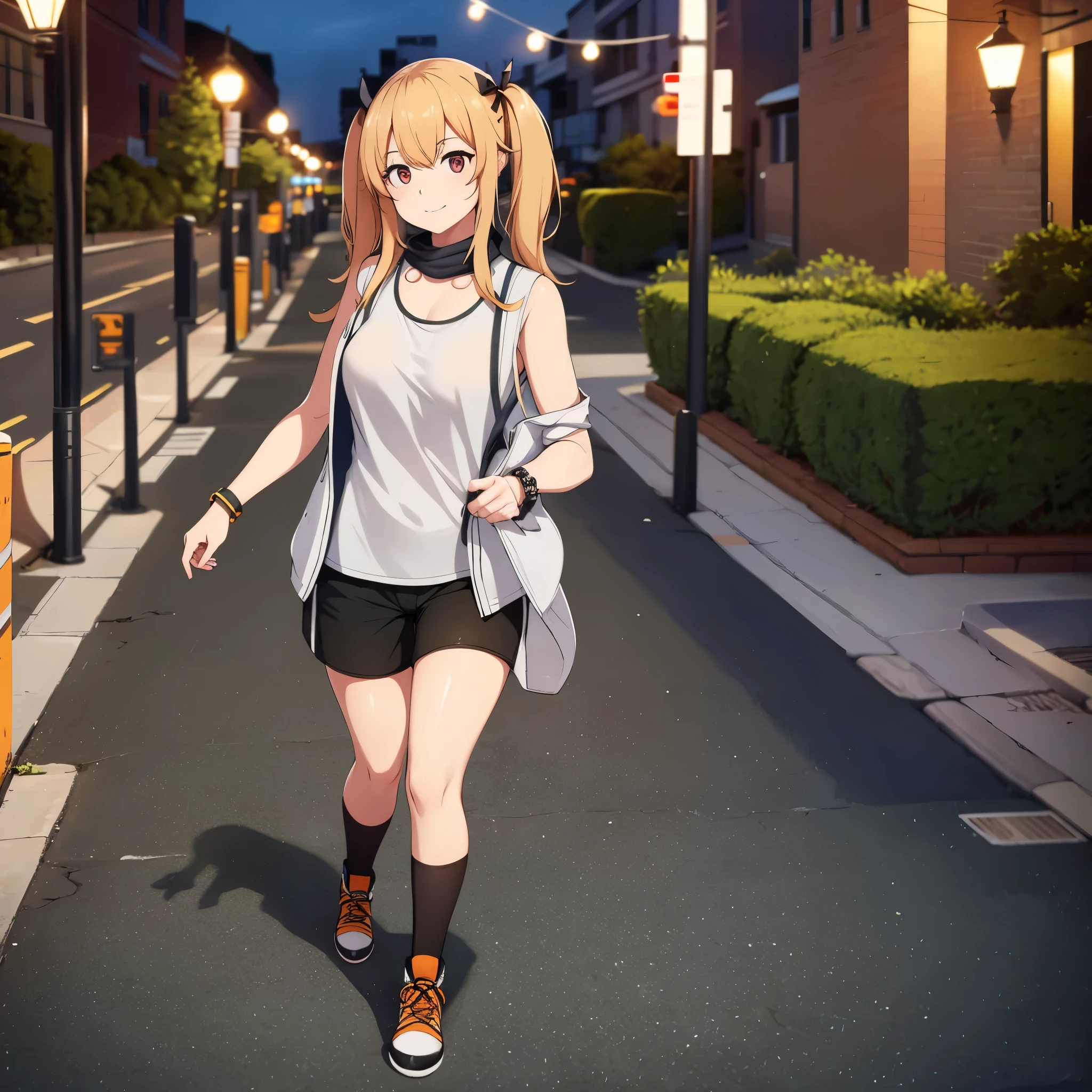 A woman wearing a casual white shirt, wearing cargo shorts, gray bracelet on her arm, light orange eyes, light orange hair, pigtails, wearing casual sneakers, walking on a sidewalk in a city at night, a bright place, smiling. full body (azur lane_yorktown). shadow, flower, UHD, masterpiece, accurate, anatomically correct, textured skin, super detail, high quality, best quality, 8k, high resolution, bokeh effect. (solo woman)
