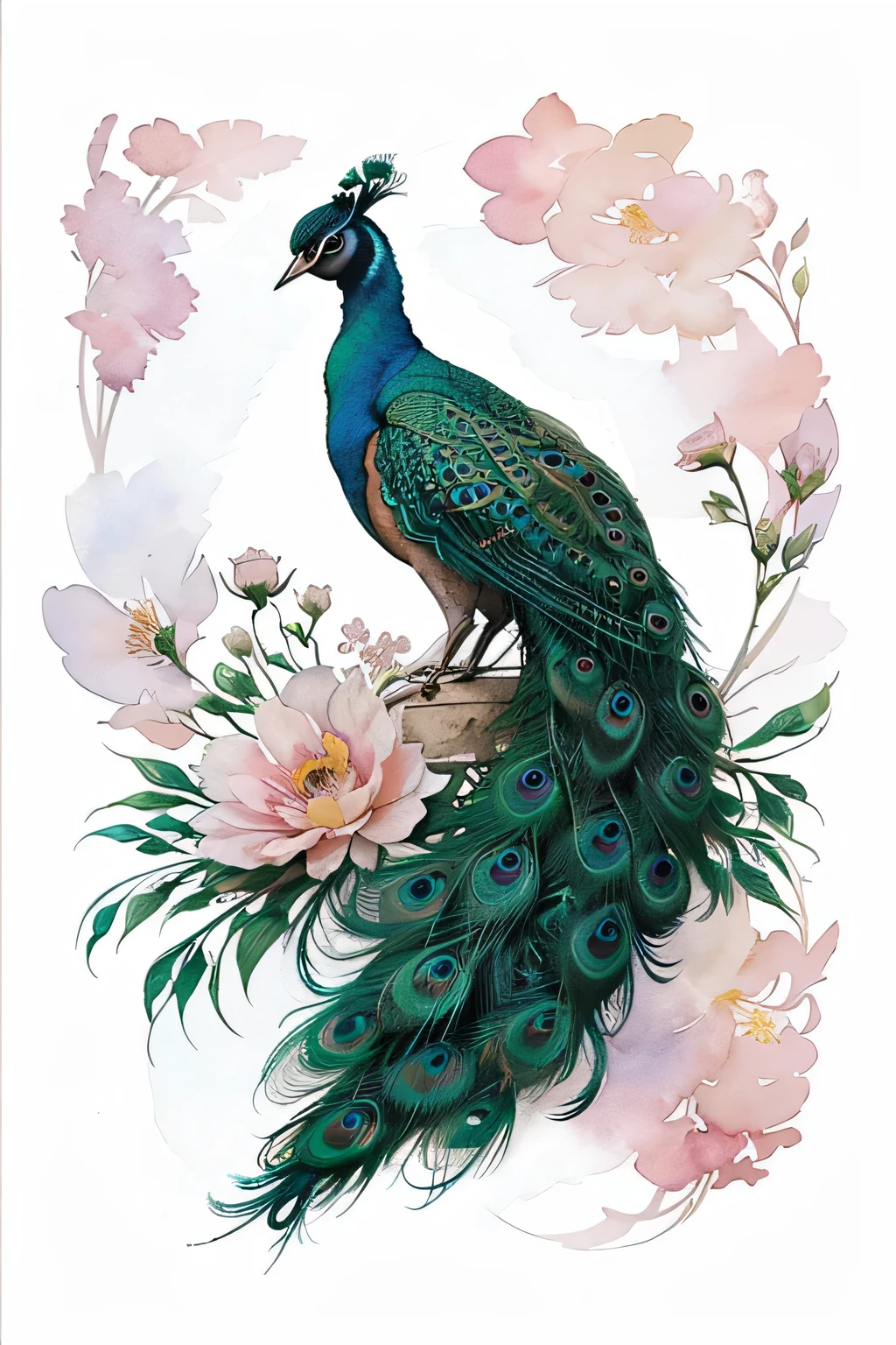 Stunning (Peacock) with delicate flowers, watercolour, pastel hues, white background, a beautiful artwork illustration, peocock, exquisite digital illustration, beautiful digital artwork, in style of digital illustration, beautiful digital illustration, in pastel colors, beautiful gorgeous digital art, beautiful illustration, hd illustration, colored illustration for tattoo, colorful fish, beautiful digital art, artistic illustration