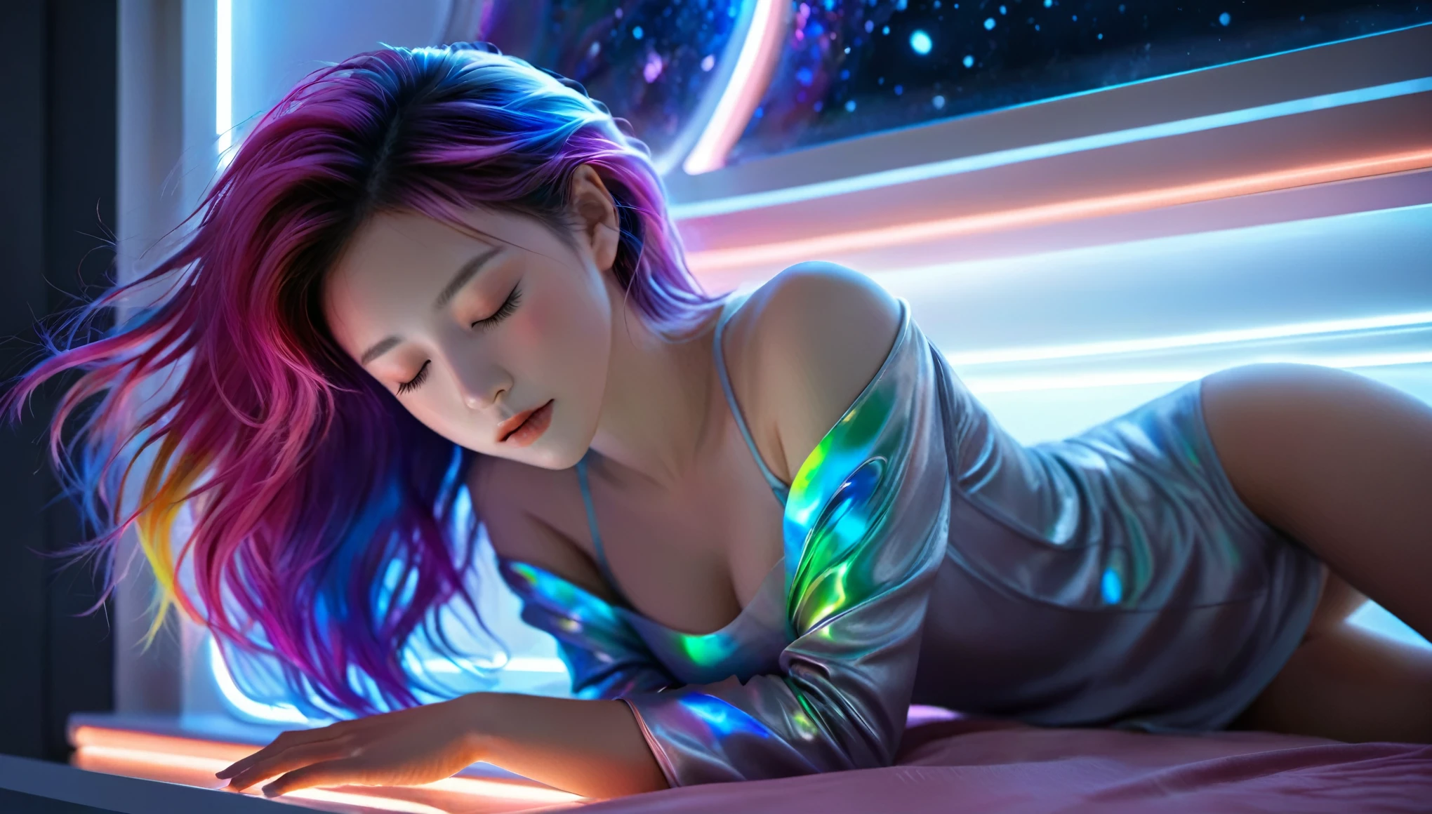 (best quality,8k,ultra-detailed:1.2),(CG,CG art,3D rendering),(masterpiece:1.2),（Crawling on the table），（Sexy clothing），(movie lighting,futuristic),(woman lying in bed,sleeping,closed eyes),(large window behind her,tranquil night),(colorful hair:1.5)
