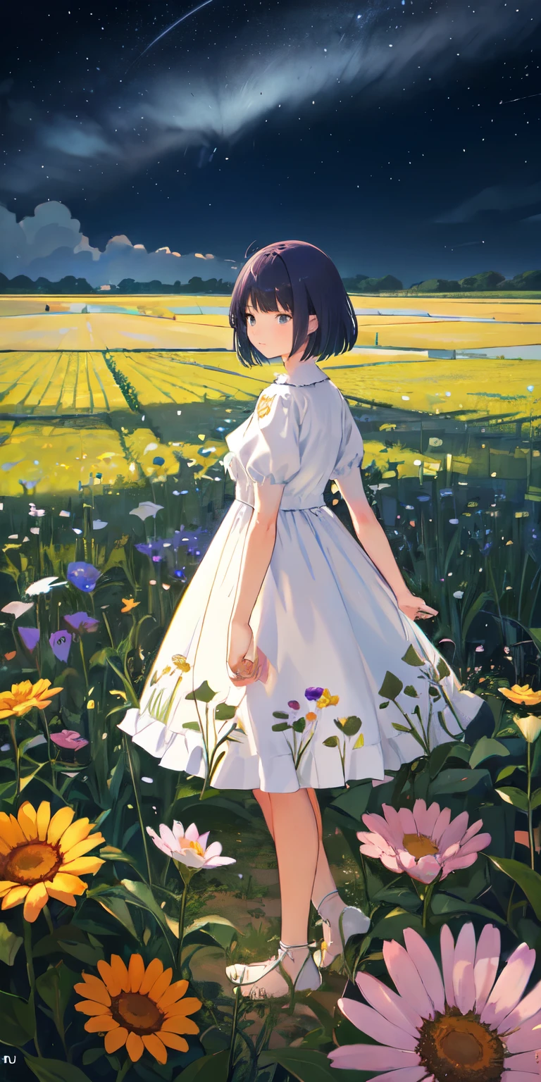 Field of tall flowers all around, people standing, cartoon, 4 year old girl, bangs, 2 d drawing, illustration, short hair, drawing, looking at viewer, 2D, anime, anime coloring,  solo, night sky, beach, arms holding flowers, contrapposto, hands raised, looking at viewer, best quality, big eyes, expressionless