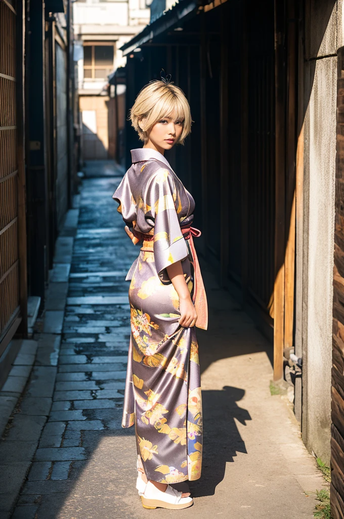 Ass, gyaru, dark-skinned, shiny oiled skin, blond hair, short cut hair, wearing japanese kimono, standing on alley , morning, deep fog, sunshine light
