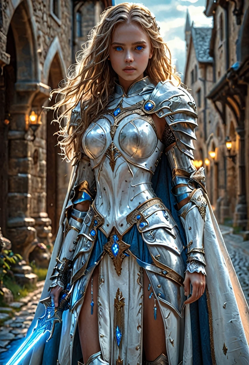 amazing quality, masterpiece, best quality, hyper detailed, ultra detailed, 8K HD, beautiful girl, perfect anatomy, perfect body, model, stylish pose, 
wearing full body fantastic white armor with cape, glowing light on armor, holding white glowing sword, idle, 
medieval road,
long hair, various hairstyles, blue eyes, glowing eyes, pround expression,
extremely detailed,