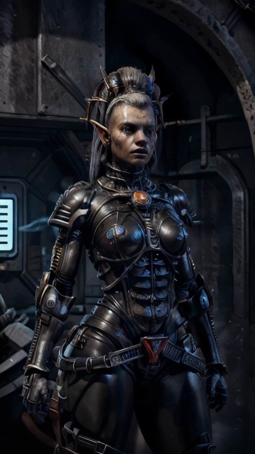 a beautiful woman in power armor, bionic eye, short black hair, detailed face, intricate details, high quality, photorealistic, studio lighting, sharp focus, hyper detailed, digital painting, sci-fi, fantasy, dark moody colors
