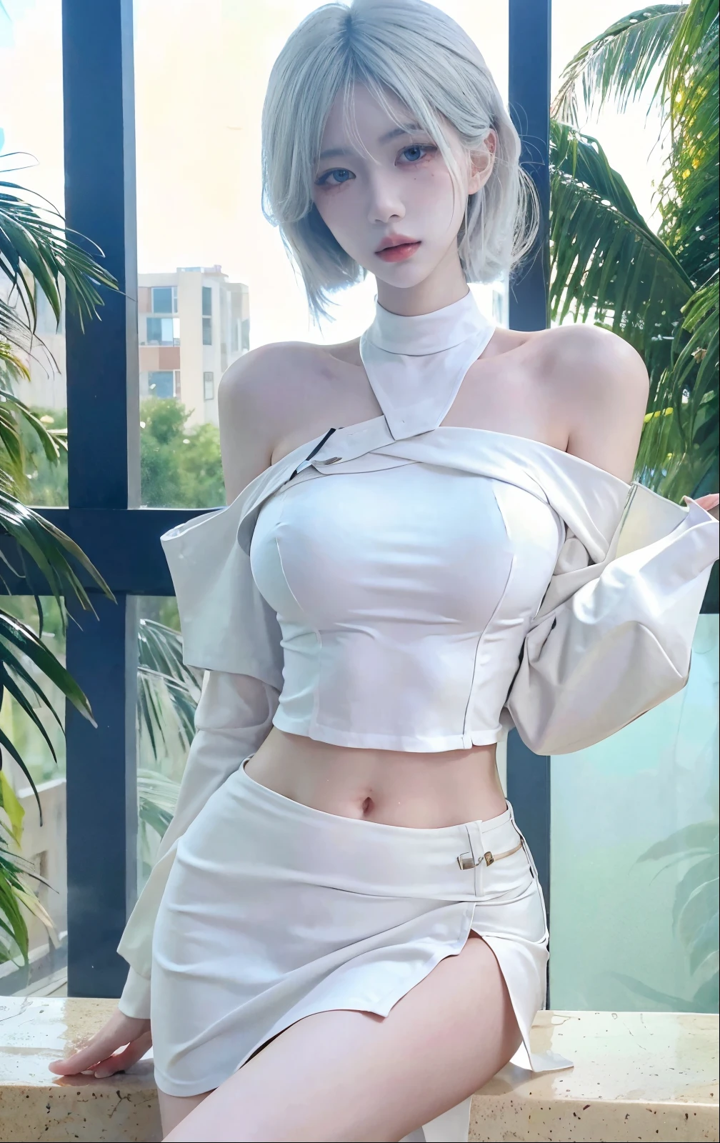 Beautiful woman with perfect body:1.4,layered hairstyle,prominent cleavage,bikini:1.5,ultra short pleated skirt,whole body,Highly detailed facial and skin textures,double eyelids,whiten skin,long white hair