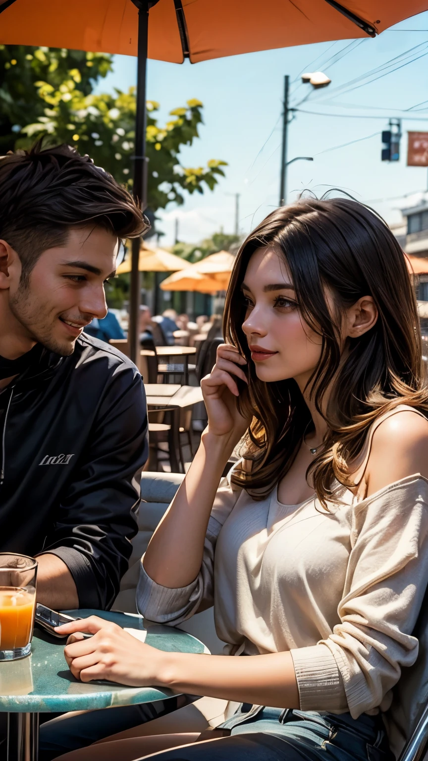 best quality, masterpiece, 8K, HD, attractive young couple sitting in outdoor cafe, across each other, the woman is texting on her phone with a stern expression, the man is smiling while looking directly at her, miniature porcelain angel on the table, a cup of coffee, a glass of orange juice, vibrant colors, side view, zoomed out, highly detailed, perfection