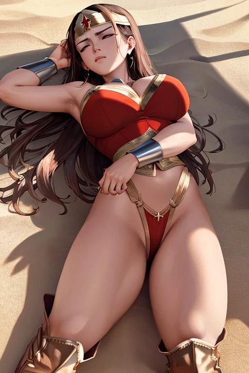 masterpiece, best quality, beautiful art, high resolution, well formed hands, body and fingers, 1 woman, solo, wonder woman Lynda Carter , tiara , adult, big breasted, cleavage, full body, sexy and skimpy outfit , gorgeous legs and thighs , ryona,in peril, she is defeated, knocked out, passed out, closed eyes, exhausted, unconscious, laying down on the sand, extended exposed body, full body on the sand, breathing heavily, sexy smirk on her face, bouncing breasts, sexy defeated pose, defeat and KO scene, fallen beauty, martial arts tournament with beach environment