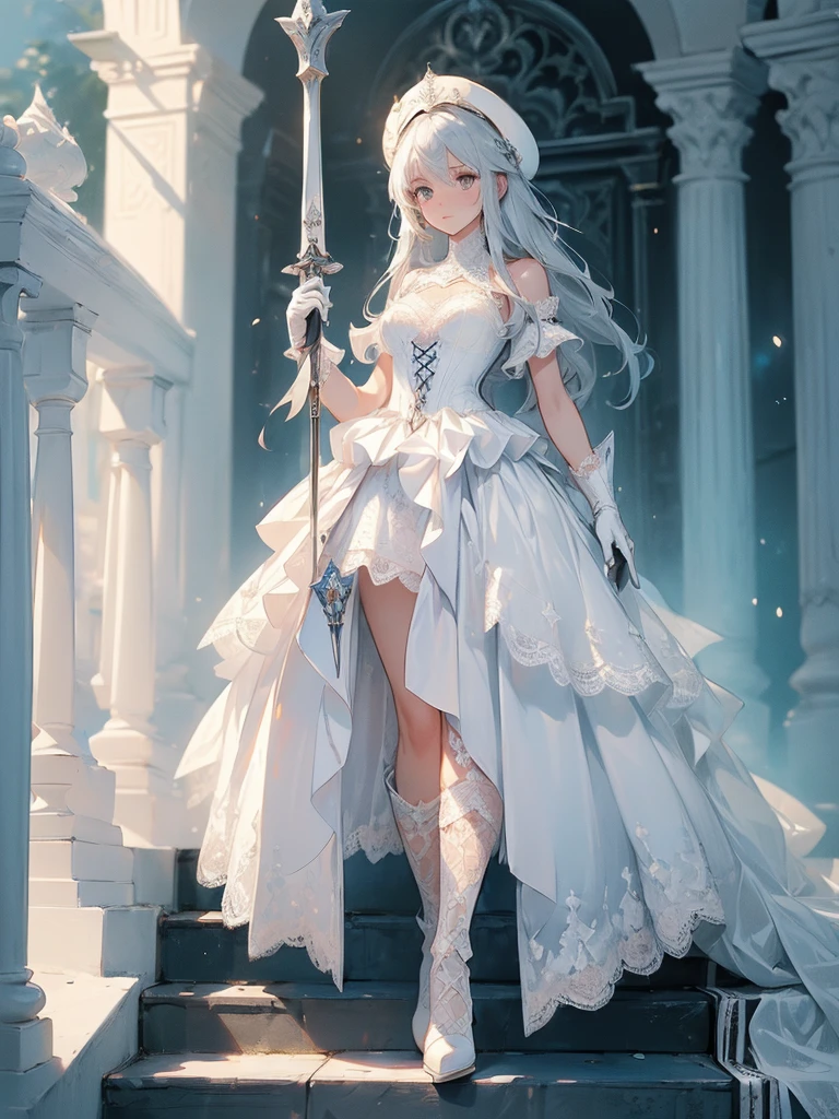 Design a layout showcase Gaming character, (1girl). Silver+White clothes, elegant and pristine, ((showcase weapon:1.4)), rapier, (masterpiece:1.2), (best quality), 4k, ultra-detailed, (Step by step design, layout art:1.5), (ethereal lighting, soft lighting), duelist, ((feathered hat)), (((lace gloves:1.3))), corset dress, thigh-high boots, (((full_body_shot:1.4)))