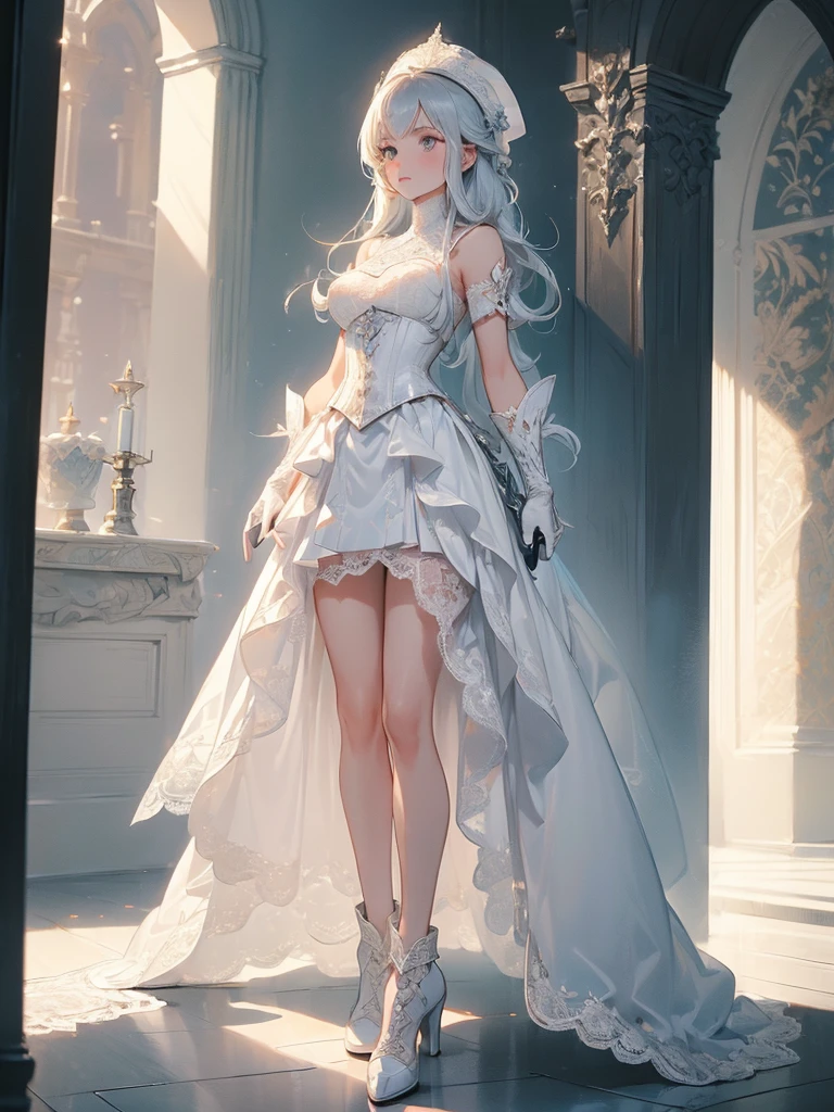Design a layout showcase Gaming character, (1girl). Silver+White clothes, elegant and pristine, ((showcase weapon:1.4)), rapier, (masterpiece:1.2), (best quality), 4k, ultra-detailed, (Step by step design, layout art:1.5), (ethereal lighting, soft lighting), duelist, ((feathered hat)), (((lace gloves:1.3))), corset dress, thigh-high boots, (((full_body_shot:1.4)))