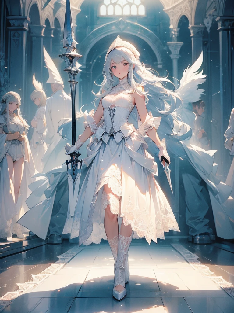 Design a layout showcase Gaming character, (1girl). Silver+White clothes, elegant and pristine, ((showcase weapon:1.4)), rapier, (masterpiece:1.2), (best quality), 4k, ultra-detailed, (Step by step design, layout art:1.5), (ethereal lighting, soft lighting), duelist, ((feathered hat)), (((lace gloves:1.3))), corset dress, thigh-high boots, (((full_body_shot:1.4)))