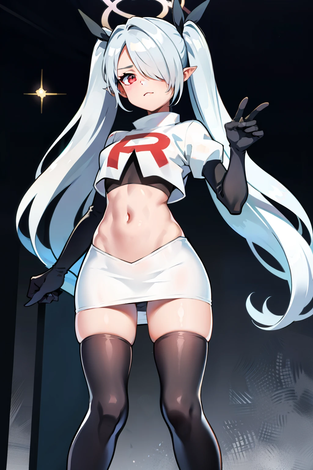 (masterpiece), 1girl, hair over one eye,magical world, shiny steps, beautiful sky, stars, jupiter, ioridef, team rocket,team rocket uniform,white skirt,red letter R,crop top,black thigh-highs,black elbow gloves