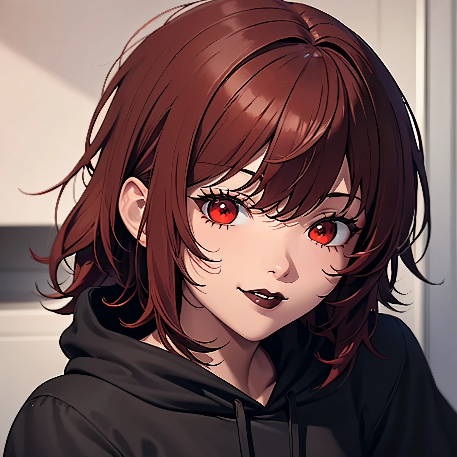 25 years old girl woman, soft brown skin, tanned skin, scarlet eyes, red pupils, red eyes, short hair, red hair, scarlet hair, messy hair, sleepy hair, black hoodie, loose hoodie, soft smile, teasing smile, black lipstick, black lips, lipstick, black mate lipstick 