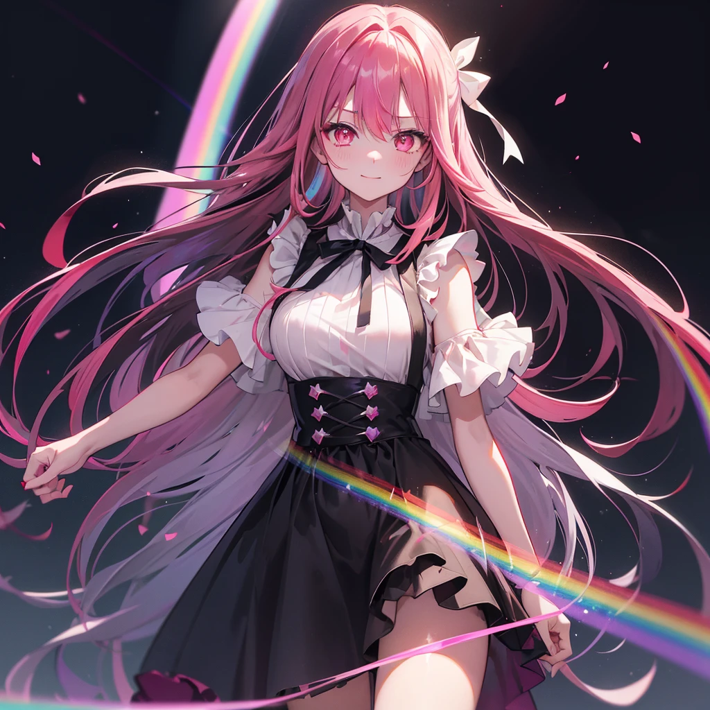 ((Fantasy　Long Hair　Red line　Pink Eyes　Rainbow Hair　Black Dress))　((night　Western style　Shining Aura))　(Broken glass　Big white ribbon)　Light shines in　Catch the wind　Tense face　Shining Edge　Reflection of light　Live Stage　Emit an aura　Look over　smile　Sweat