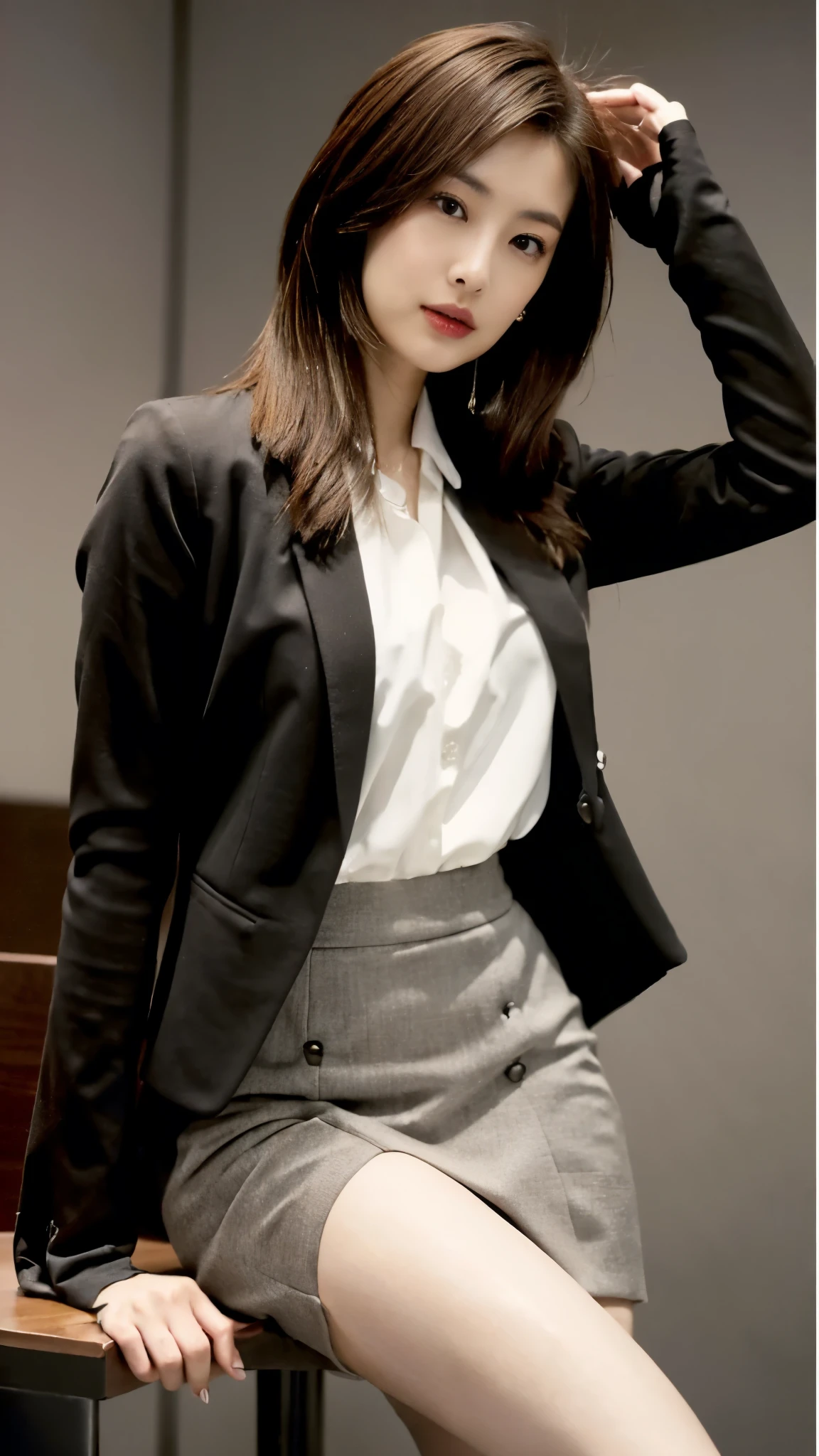 A Japanese woman in a black suit and white shirt poses, Wearing a strict tight mini skirt、 Wear a business jacket, 8k, (Semi-long hair:1.3), (Light brown hair:1.3), Wear high heels、Wearing thin black tights、high waist、Low - Angle、whole body、Wearing black stockings、The background is gray、