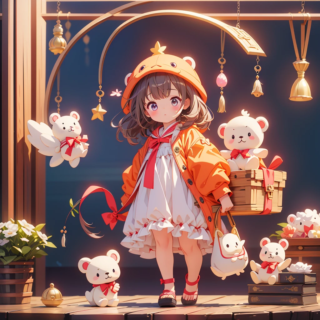 highest quality、Masterpiece、Official Art、The best composition、The best light source、、cute、A baby icostume is carrying a large stuffed toy that seems heavy、The way they try their best is very cute.、