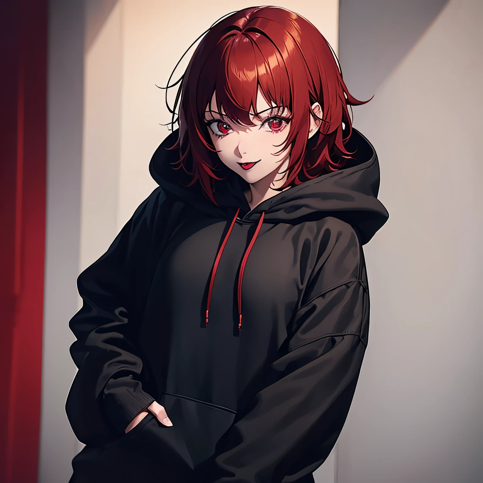 25 years old girl woman, soft brown skin, tanned skin, scarlet eyes, red pupils, red eyes, short hair, red hair, scarlet hair, messy hair, sleepy hair, black hoodie, loose hoodie, soft smile, teasing smile, black lipstick, black lips, lipstick, black mate lipstick