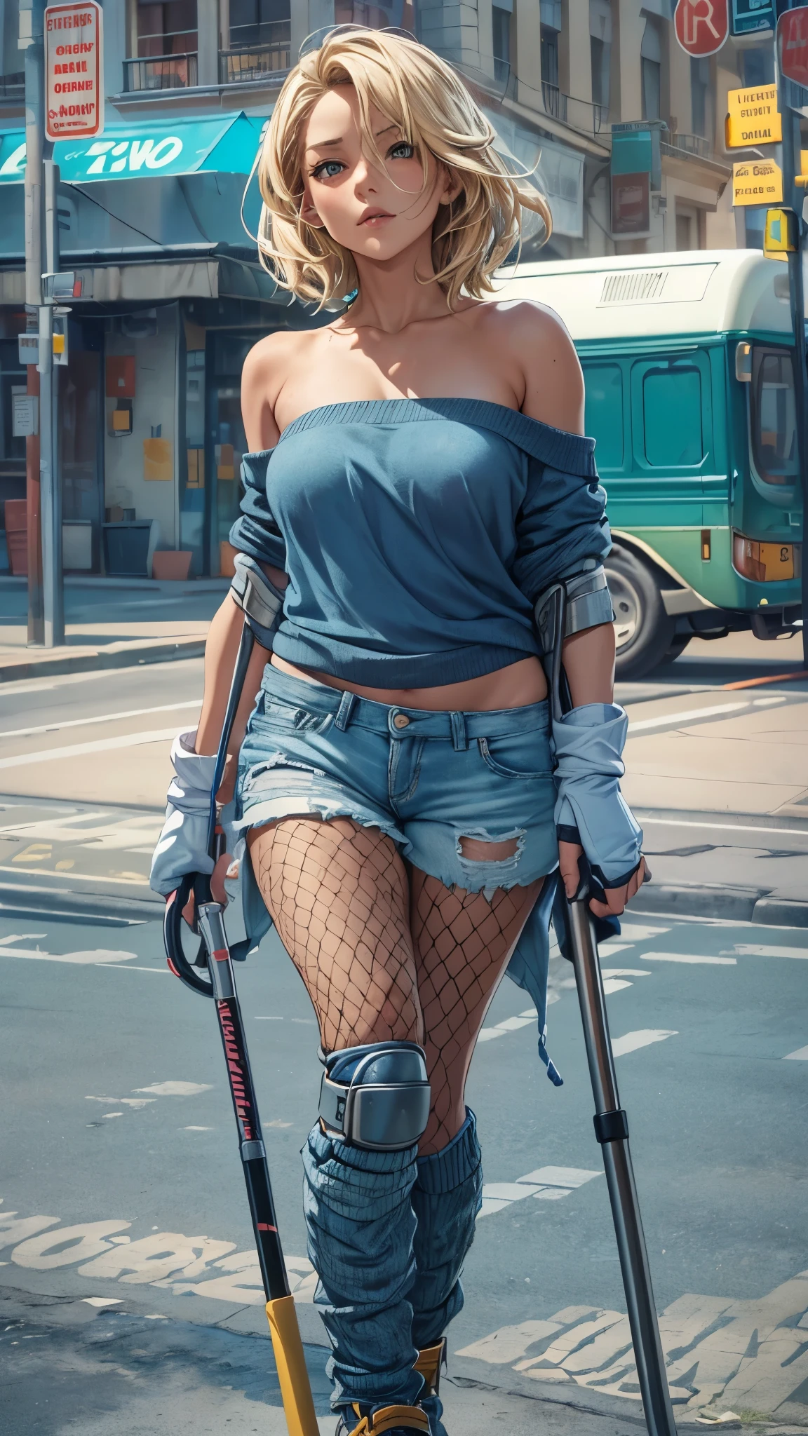(Super detailed, realistic), streets scene, [Moderately:Oil], [Professional:1.1], [Physically based rendering], [bright colors], [sharp focus], [studio lighting], [extreme details], [highest quality,4k,8K,High resolution,masterpiece:1.2],(detailed face),outside the streets,((One 18-year-old woman)),(short blonde hair mixed  blue color),(dark), [nervous eyes],(casual ladies fashion,off shoulder,denim shorts,fishnet pantyhose,socks,snikers),(gloves,knee pads),((she walks on crutches,the crutches’s length are from armpit,the crutches are putting on her side))