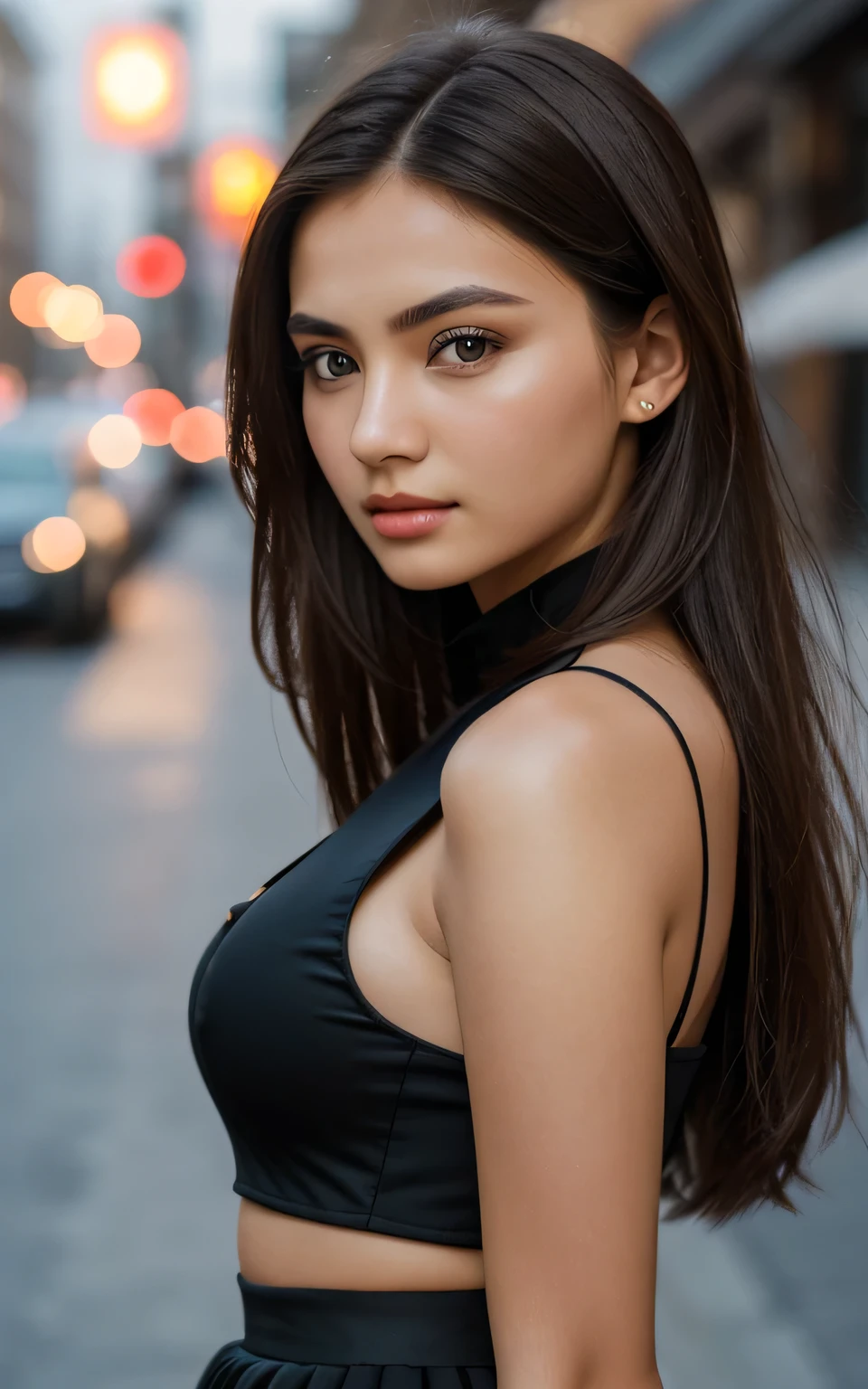 photography of 2 stunning girl, in the city, Kazakhstan girl, wearing black skirt, enjoying, girl, summer, hot girl, (((medium bust))), brunette hair, long_hair, looks into the camera, symmetrical face, photorealistic, photography, spectacular lighting,, gorgeous, cleavage, western, (masterpice), best quality, high resolution, extremely detailed, skin with pores, blurred background, depth of field, cinematic lighting
