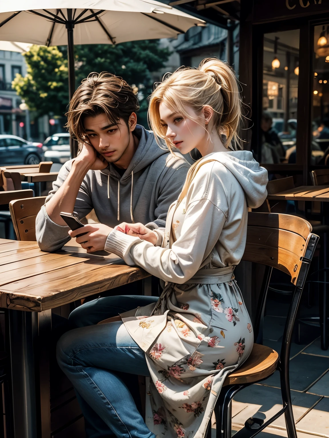 best quality, masterpiece, 8K, HD, pretty 20 year-old tan woman with ponytail wearing floral print white sundress, a handsome 25 year-old asian man with blond hair wearing grey hoodie and jeans, sitting in outdoor cafe, facing each other, she is texting on her phone, he is looking directly at her, a male waiter dressed as an angel walks towards them, vibrant colors, side view, zoomed out, highly detailed, perfection