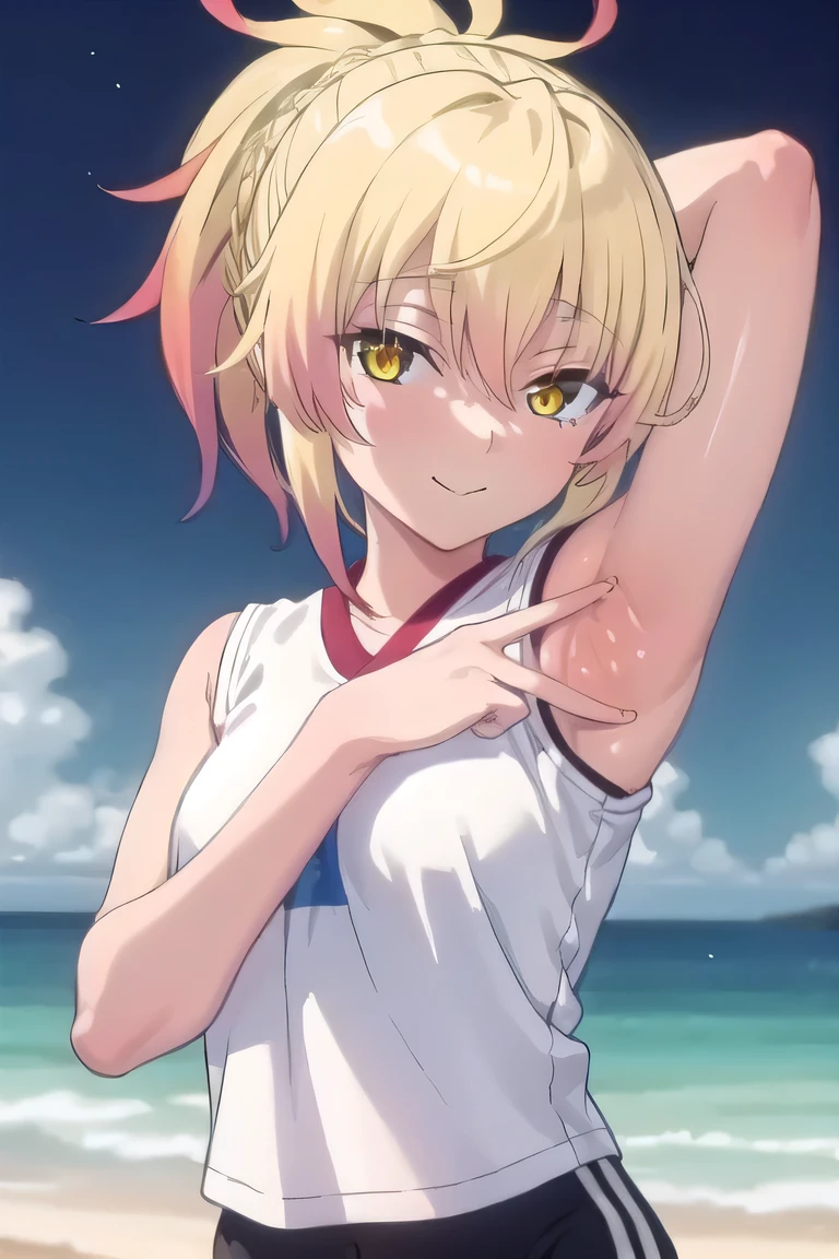 masterpiece, best quality, 1girl, kunou, blonde hair, short hair, ponytail, yellow eyes, gym outfit, white shirt, blue buruma, black socks, black shoes, closed mouth, solo, upper body, night sky, beach, arms behind head, contrapposto, spread armpits, looking at viewer, best quality, smile,