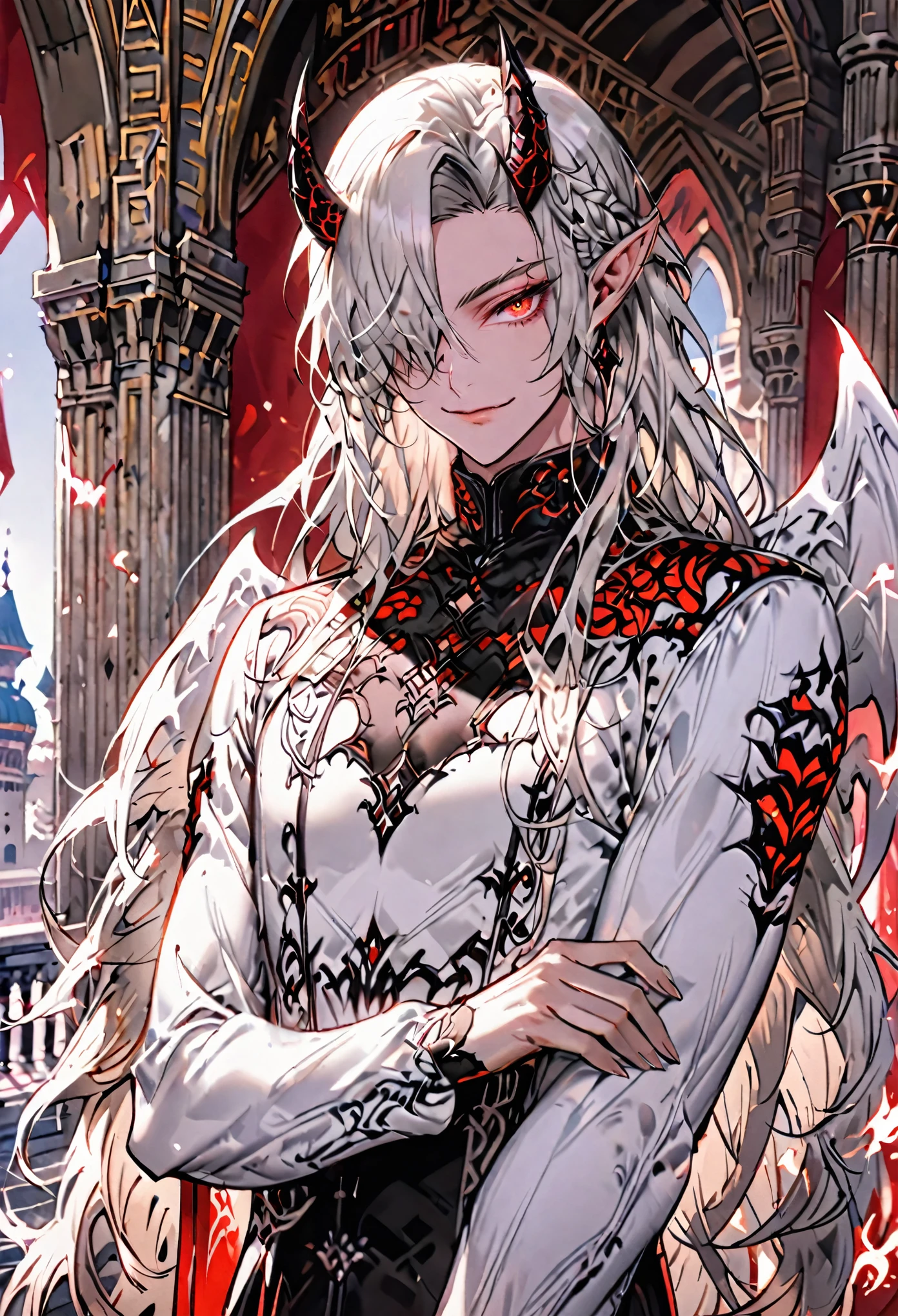 1 boy, solo, male, sfw, medium shot, long hair, braid, red eyes, black horns, white demon wings, muscular, pointed ears, hair over one eye, magic, palace, day, warm, friendly smile, feminine, silky hair, long sleeves, tight clothes, seductive, demon