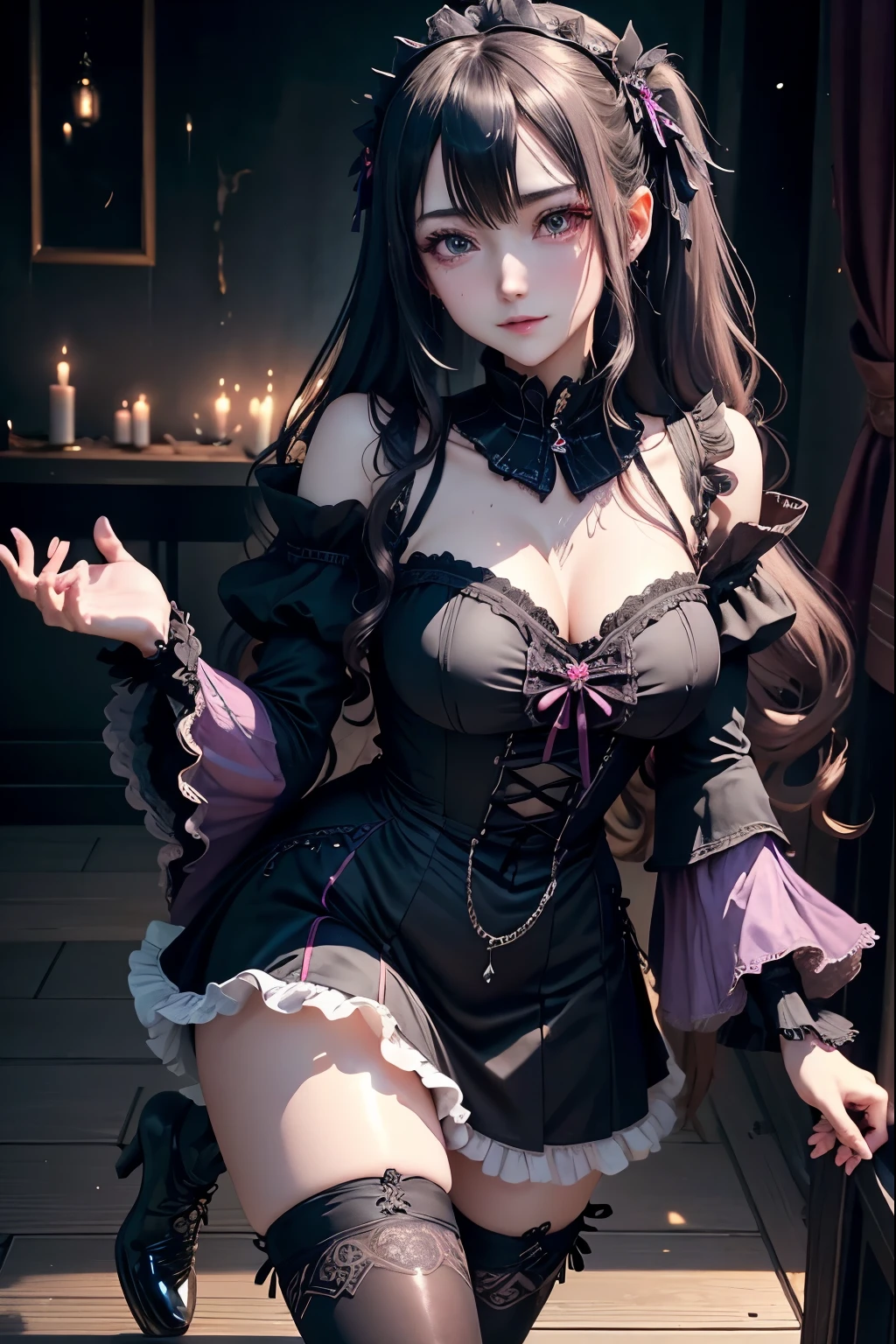 ハードDark Gothicメイク、Deep Night Sky、Horror、Black dark eyeshadow、cry、sad、Good skin radiance、Dark Gothicメイク、Dark smile、palace、The beauty of fragrance、24-years-old、Expressions of intense sexual pleasure、Embarrassed look、Dark Gothic、Obscene language、highest quality、Drunk face、紫のMaid clothes、Mysterious、Noble、sexy、Loving smile、Twin tail hair、Right blue eye, Left eye is red、Platform Heel Shoes、Heavy makeup、Gothic Lolita Clothing、A little slimmer、Silver Hair、Long Hair Straight Hair、Cute Gothic Lolita Dress、Beautiful Face、elegant features、Fascinating face、Stained glassが背景、Chest glistening with sweat、The room is dark、gothic long dress、Bell Sleeves、Wizard Sleeve、Decadent look、Sexually excited expression、Glossy thighs wet with water、Thighs that are wet and shiny with oil、Background of a room full of roses、sad表情、The embroidery is pink、The dress has pink embroidery、Thigh-high socks、Knee-high socks、Gentle expression、Dark black eyeshadow、Stained glassと薔薇背景、Female Duo、Female couple、dark church background、Stained glass、Black metal world、Dark Castle、Dark Room、Slender body、upright、walk、Are standing、gothic long dresaid clothes、Victorian dresses、Her thighs glisten with sweat、My body is wet and shiny、Lots of glitter on the thighs、sweating、My thighs are sticky from sweating、Sweat glistens on the thighs, The whole body is sweaty and shiny、Quite sweaty、My thighs are sweaty、My thighs are so wet、My thighs are shining with sweat、A lot of sweat glistens all over the body、The thighs are the best、Thighs are glamorous、Small breasts、Playing guitar、Singing while playing the guitar、les paul guitar、Holding a guitar、Playing in a band、Playing guitar chords、Practicing guitar、Mike stand、Embodying the guitar、Decorate your guitar、