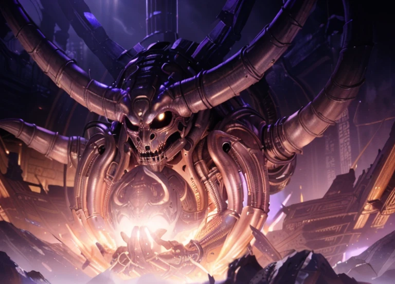 An alien demon god rising from a temple of plan, a masterpiece, best quality, (extremely detailed CG unity 8k wallpaper), (best quality), (best illustration), (best shadow), realistic lighting, (Abyss), beautiful detailed glow, art by HR Giger, infernal cyborg demon, thick cables, steam, gleaming metal, lighting from below
