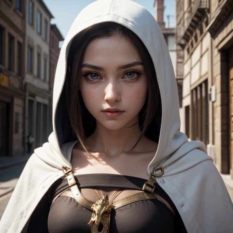 A full-body shot of Princess Zelda, brown hair, blue eyes, dressed as an Assassin from Assassins Creed, in white+gold witha white mask and hood with gold details, XL bust, using a wrist blade. Background: A city during the renaissance period. Unreal Engine 5, Anime, Anime style, Masterpiece, Well drawn eyes, well drawn face, well detailed eyes, well detailed face, 8k, light and shadow effect.