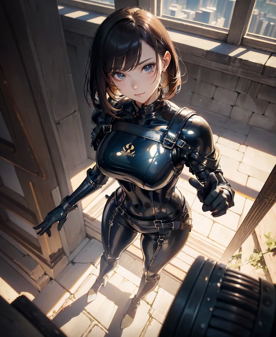 (highest quality,4K,8k,High resolution,masterpiece:1.2),Super detailed,(Realistic,photoRealistic,photo-Realistic:1.37), A Japanese female fighter with a slim build and small face, cute, 1 girl, 18-year-old, ひざまずくPause, Super short black hair, A tight-fitting combat suit in shiny black with a patent leather finish, Tight suit, gloves, Steel City Background, Night lighting, Super detailed, Explicit, Beautiful body, Beautiful Nose, Beautiful character design, Perfect Eyes, Perfect Face, 超High resolution, 4k, Beautiful feet, Perfect Legs, Nice hands, Perfect hands, masterpiece, highest quality, Very detailed, figure, Disorganized, Street Fighter, Doll Suit, Shadaloo Doll, doll suit, Expressionless, Hollow Eyes, Watching the audience, 赤いgloves, Emotionless, black latex, corruption, Mind control, Female Combatant, Full Body, hypnotismにかかった, Unfortunate trance, Full Body suit, Ribbed bodysuit, Arms at your sides, follow, Perfect female body, extremely glossy latex, hypnotism, Hypno Lola, Empty Eyes, Mind control装置, Pauses, Obedient_Pause, Slave, Have, tie, Are standing, Are standing up straight, 注意してAre standing, Have, yellow tie, belt, latex, Ribbed bodysuit, Knee socks, garter belt, Combat Ready, Extend your right arm from your shoulder and reach your hand out into the air., army, Thigh Boots, alone, Classroom of the Elite, ichinose honami, Pink blonde hair, blue eyes, Long Hair, Large Breasts, Wicked Smile, With an evil smile, ((Looking from above)), (masterpiece、highest quality、最High resolution、clear_image、Detailed explanation、(Looking from above)): (Full body portrait、One 20 year old girl、The Face of Japan、Small face、thin、Navy blue super short bob cut hair、(Hidden Small:1.3)、輝くblue eyes、Blue and black shiny pilot suit、Armor to protect the chest、Tight fitting clothes、Clothing that covers the entire body、Shiny clothes、Tight Fit Pants、Hide your skin、Very delicate and beautiful、Detailed skin、hide thighs、Hide your ass、cuteタイプ、A kind smile、Soft look、heroine、headset、Knee-high boots、肘までのgloves、Foot height shot、Facing forward、Woman on a spaceship), cute座り方,