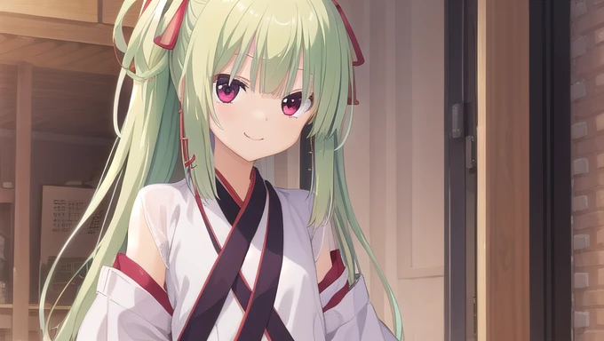 ((masterpiece)),(best quality),Official Art,Extremely detailed CG,Unity 8k Wallpaper,Super detailed,Beautiful and delicate eyes,Extremely detailed face,1 girl,solitary,,(whole body:1.5),(small:1.3),,,Murasame,Very long hair,Green Hair,Face Up,Purple bow,hairpin,Side chains,Bangs,Red Eyes,Neck strap,Red belt,Elegant and beautiful,Long sleeves hanfu,Wearing Hanfu,Gentle as a poem,Long Ponytail,Her eyelashes,Curved mouth corners,Smiled at me without warning。”