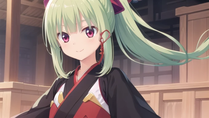 ((masterpiece)),(best quality),Official Art,Extremely detailed CG,Unity 8k Wallpaper,Super detailed,Beautiful and delicate eyes,Extremely detailed face,1 girl,solitary,,(whole body:1.5),(small:1.3),,,Murasame,Very long hair,Green Hair,Face Up,Purple bow,hairpin,Side chains,Bangs,Red Eyes,Neck strap,Red belt,Elegant and beautiful，Long sleeves hanfu，Wearing Hanfu，Gentle as a poem，Long Ponytail，Her eyelashes，Curved mouth corners，Smiled at me without warning。”