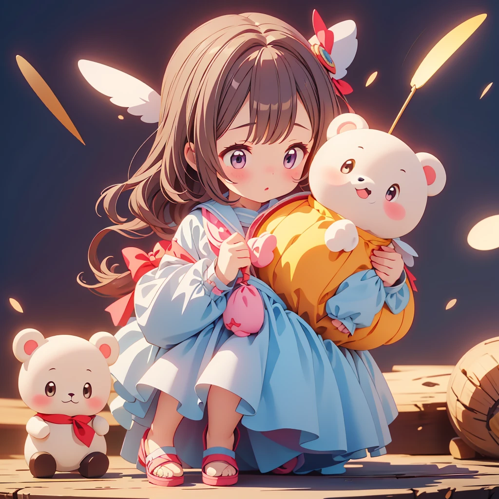 highest quality、Masterpiece、Official Art、The best composition、The best light source、、cute、A baby icostume is carrying a large stuffed toy that seems heavy、The way they try their best is very cute.、