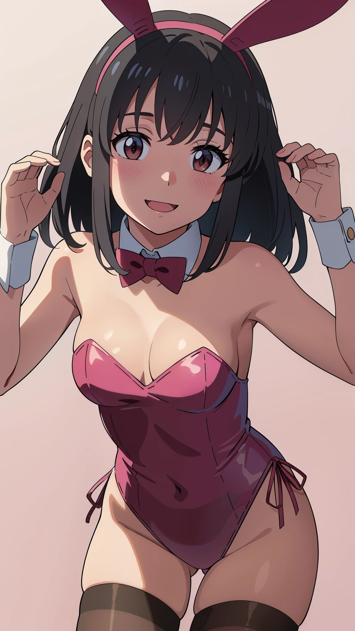shinkai makoto, kimi no na wa., 1girl, bangs, black hair, blush, brown eyes, shinny skin, red headband, red ribbon, red bow, bare shoulders, pantyhose, short hair, smile, open mouth, cute, solo, happy, hair ornament, rabbit ears, playboy bunny, pink leotard, detached collar, looking at the viewer, pink background, simple background, upper body