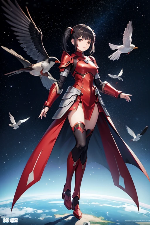 Anime drawings、Full body portrait、Space SF Armored Warrior、A standing woman, about 165cm tall, about 35 years old, wearing red armor、Smiling、Her hairstyle is short twin tails.、Black Hair、A small bird is perched on the right hand side、There are small birds flying around