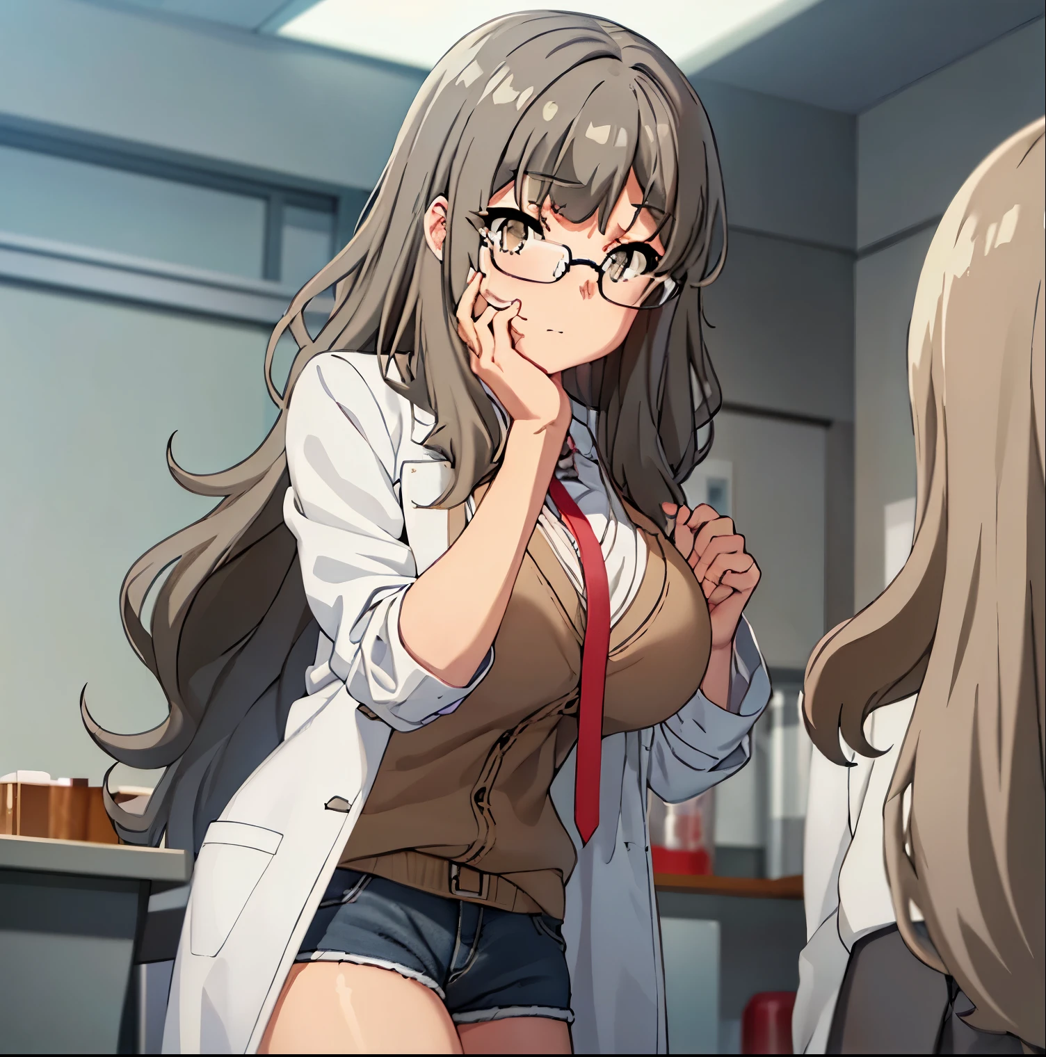 1girl,alone,rio futaba,masterpiece,best quality,realistic, (facing viewer: 1.2), front, pov (from below), indoors, chemistry room, detailed background, heavy breathing, blushing nose, (cheerful:1.1), long_hair, brown_hair, brown_eyes, glasses, huge breasts, medium waist, wide hips, medium thighs, round butt , White coat, open coat, black shirt, tank top, neckline, blue shorts, short shorts, perfect anatomy, perfect hands