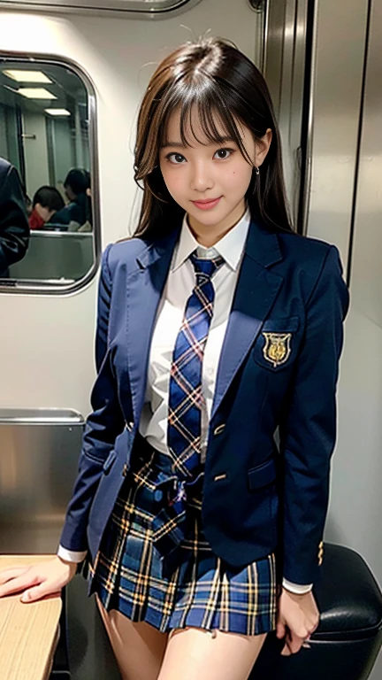 A 16-year-old beautiful girl with a sexy and cute expression, masterpiece、highest quality、High resolution、Realistic、Bright lighting、Professional Lighting、Face Light、Smooth lighting、Cute school girl、Cute uniform girl、美しい and sexy face、(Dark blue blazer with emblem on left chest)、(White blouse)、(The tie has a tartan check pattern..:1.3)、(Pleated skirt),(The tie has a tartan check pattern..:1.3)スカートとThe tie has a tartan check pattern..:1.3),Brown medium hair、so beautiful、Beautiful Skin、Beautiful and exquisite、Detailed face、Brown eyes、barefoot,Beautiful feet、in the train、Big smile、Full Body Shot、E cup breasts、Beautiful thighs、Duck mouth,Clean calves、View Viewer,A young and cute gravure idol,Carving an idol pose,