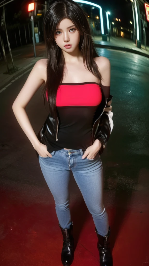 (((8k wallpaper of extremely detailed CG unit:1.2, masterpiece, hight resolution:1.2, top-quality:1.2, masutepiece))), ((a very beautiful woman, Hands in pockets:1.8, Street fashion:1.2, wearing a colorful jacket:1.2, denim, Wearing boots)), ((extra detailed face, Highly detailed black eyes, extra detailed body, Top quality real texture skins)), (Red Straight Hair:1.2, de pele branca, exposed shoulder), ((Empty alley, Mileland. natta, Neon Street)), (high-angle, a closeup, Fisheye:1.3), hyper realisitic, digitial painting,
